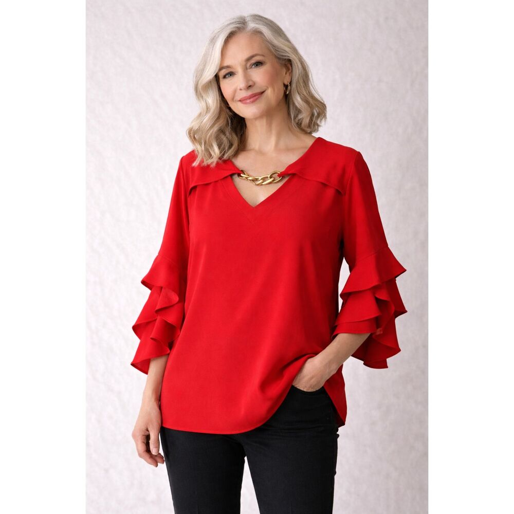 Shein Curve Blouse 1XL Red Flutter Sleeve Keyhole Gold Chain Plus Size Top